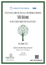 Urkunde der Firma Planet Tree, dass Fikentscher 500 Bäume im Forst Hanau gespendet hat.