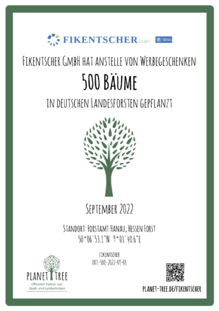 Urkunde der Firma Planet Tree, dass Fikentscher 500 Bäume im Forst Hanau gespendet hat.