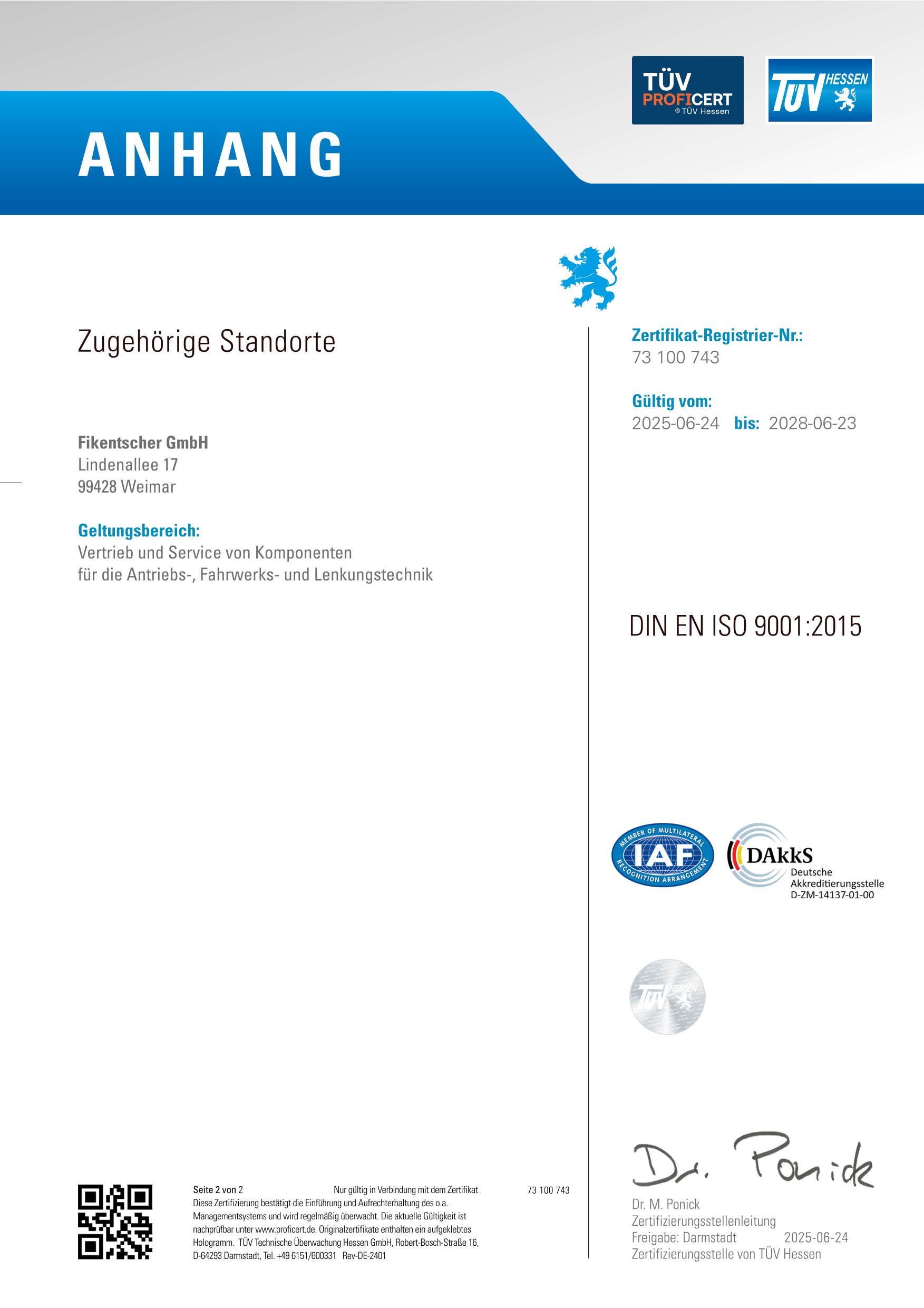 ISO-Zertifikat für DIN EN ISO 9001:2015 am Standort Weimar